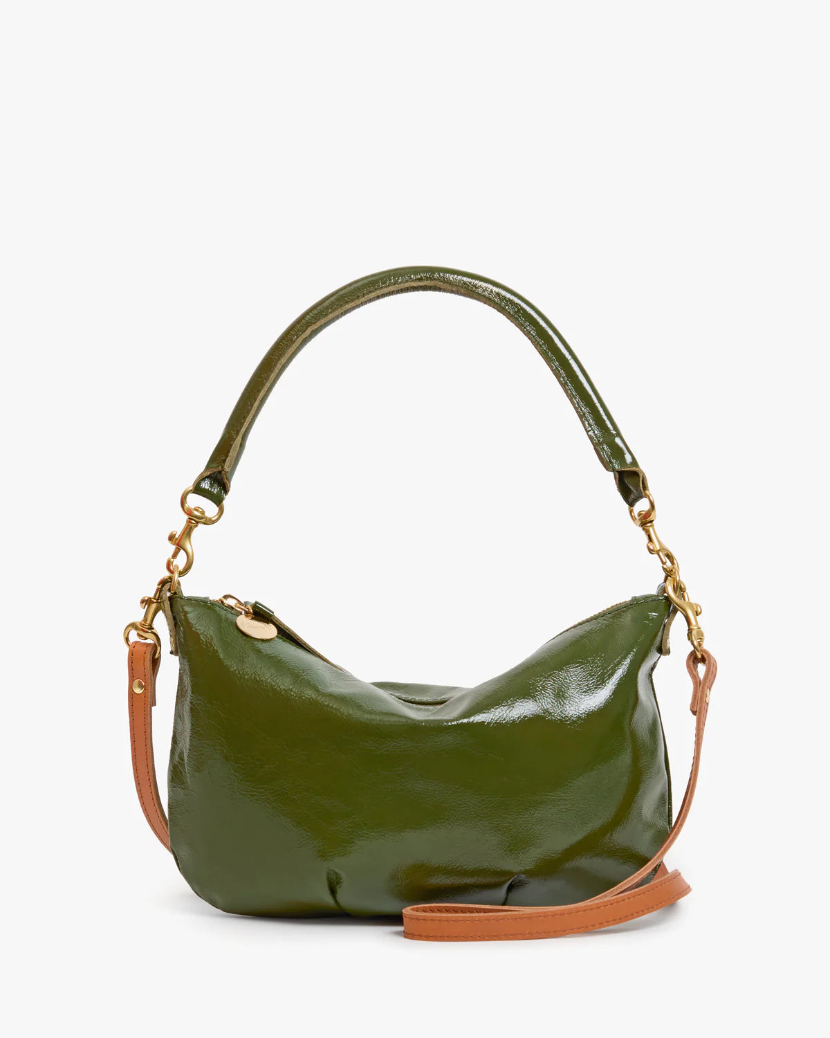 Crinkle Army green Clare Vivier Petit Moyen Messenger with gold accents, short handle, and detachable crossbody strap.