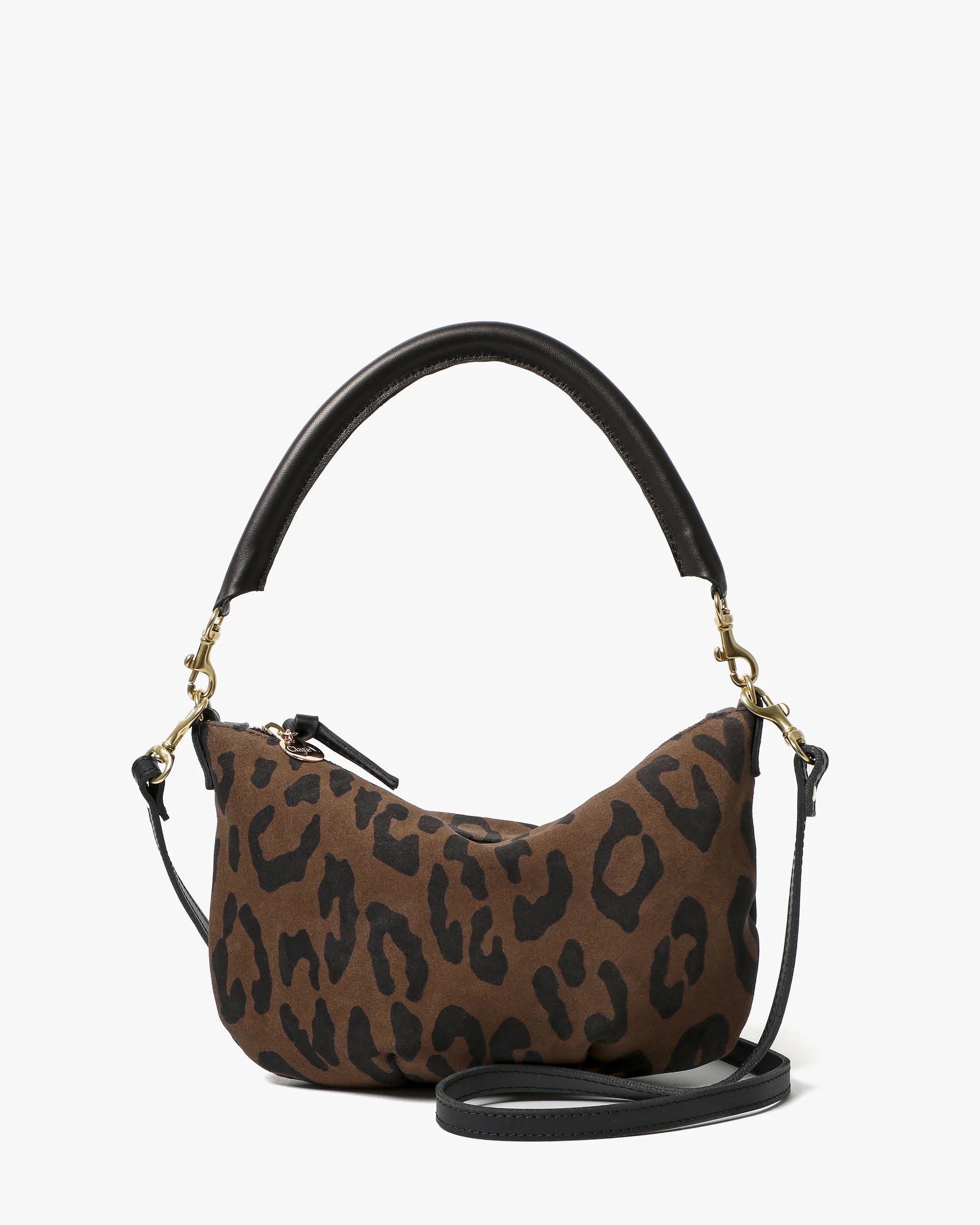 The Clare Vivier Petit Moyen Messenger S25 is a small brown mini bag with a black leopard print, curved black handle, detachable black crossbody straps, and gold hardware.