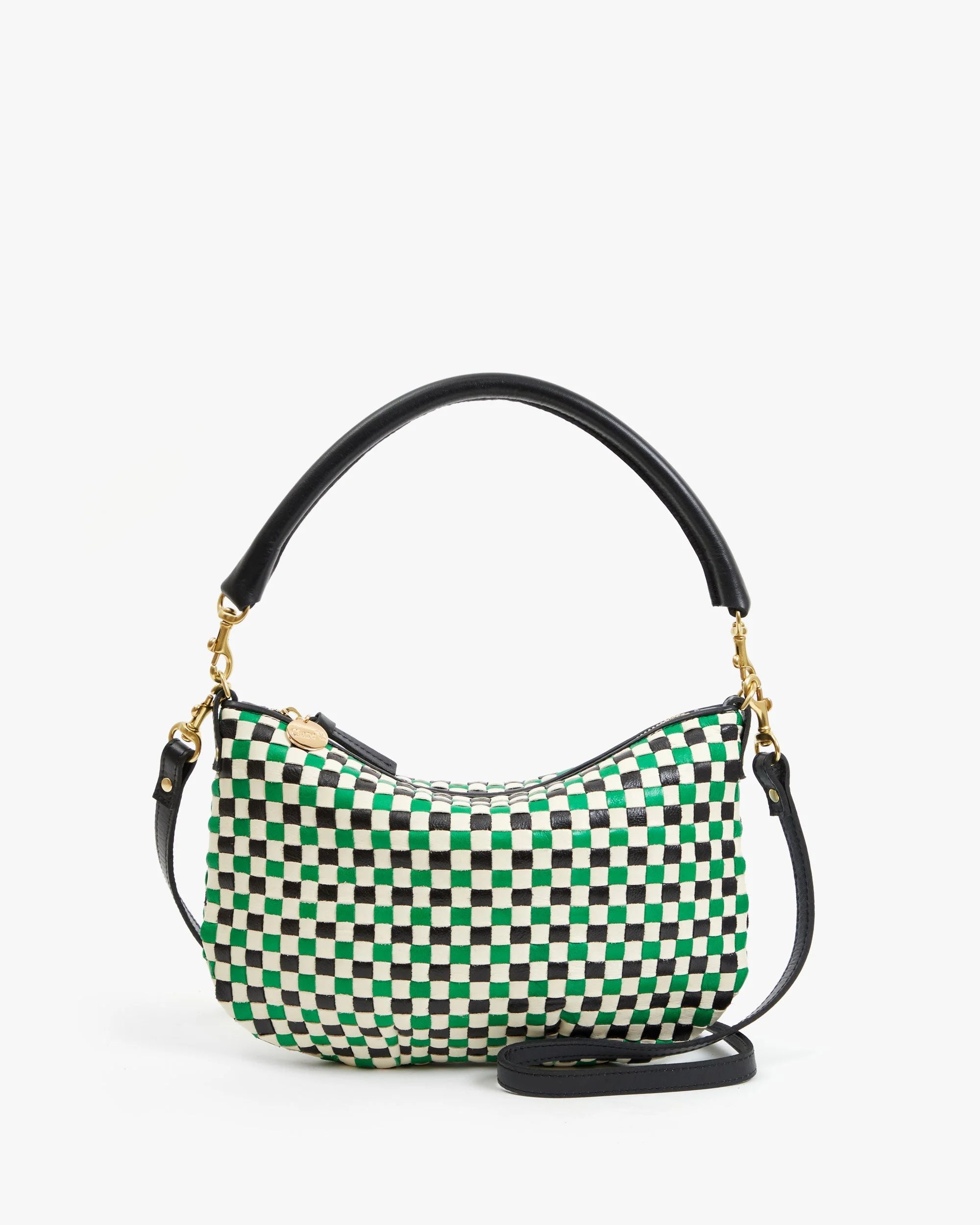 The Clare Vivier Petit Moyen Messenger S25 is a small mini messenger bag with a black and green checkered handwoven leather design, gold-tone hardware, black leather top handle, and detachable crossbody straps, shown on a white background.