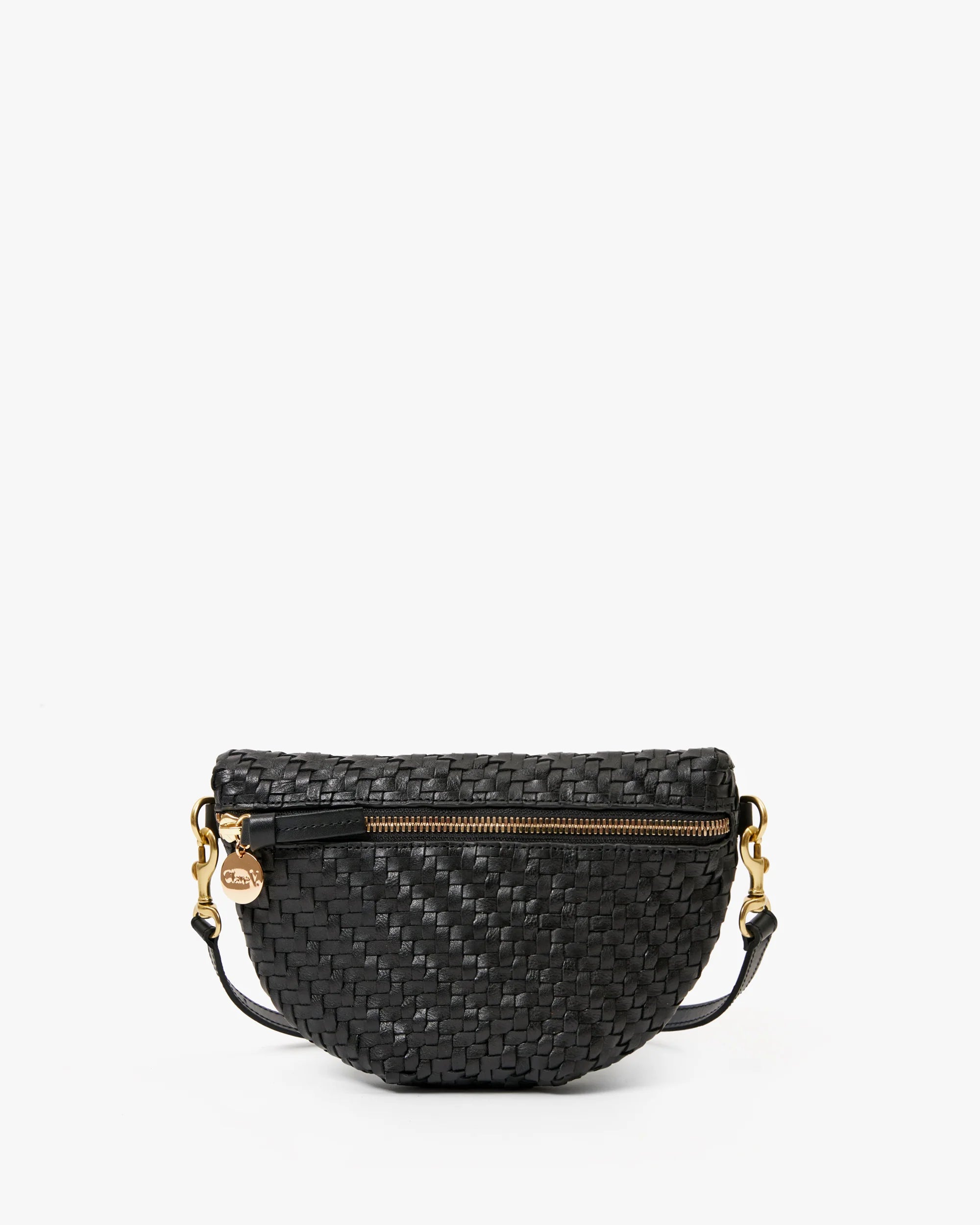 The Clare Vivier Petit Fanny F25 is a black woven leather belt bag with an adjustable strap, gold hardware, a front gold zipper, and a round gold charm on the zipper pull, shown against a plain white background.