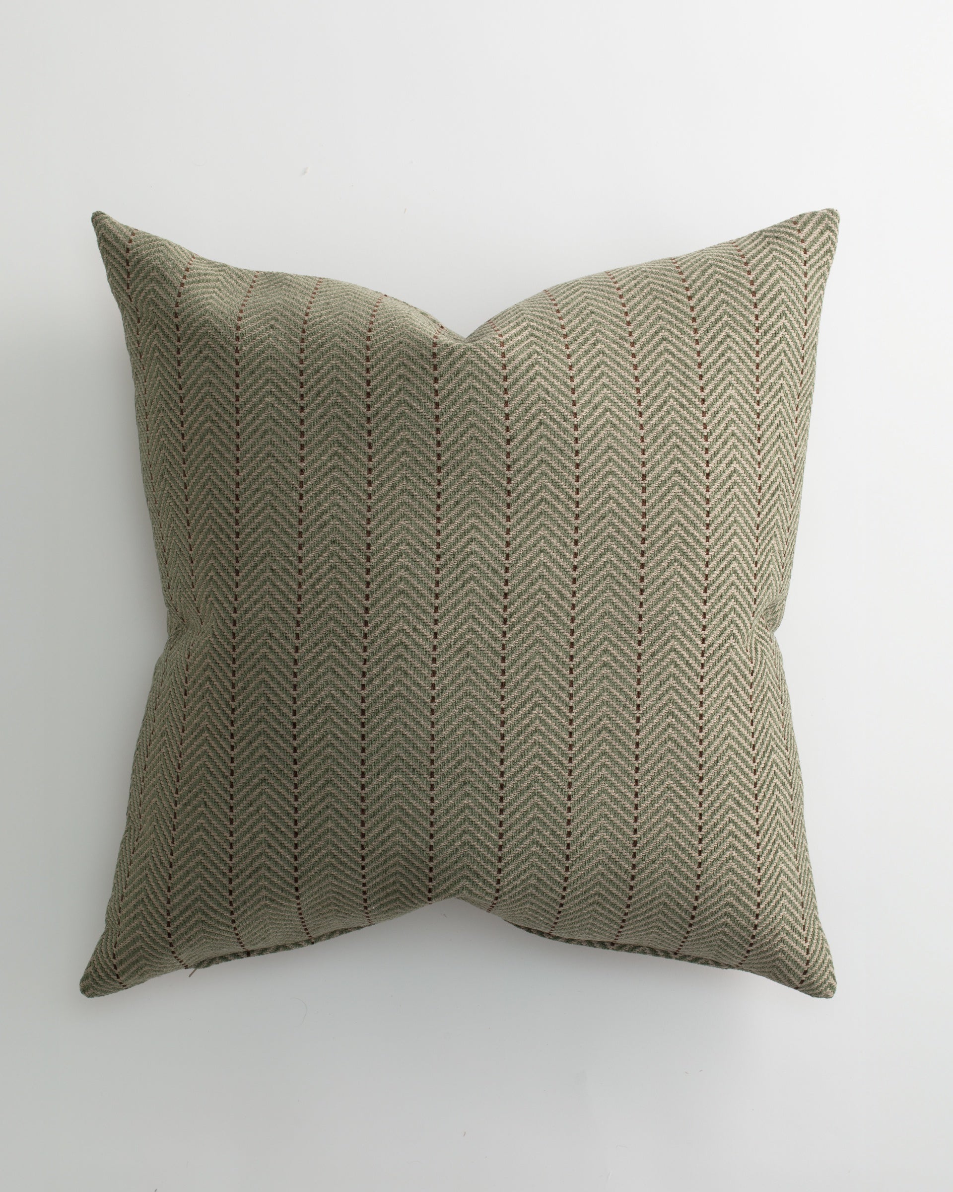 The Pindler COX 26x26 Pillow features textured olive green herringbone fabric with thin brown vertical stripes, shown on a white background—ideal for pairing with other luxurious throw pillows.