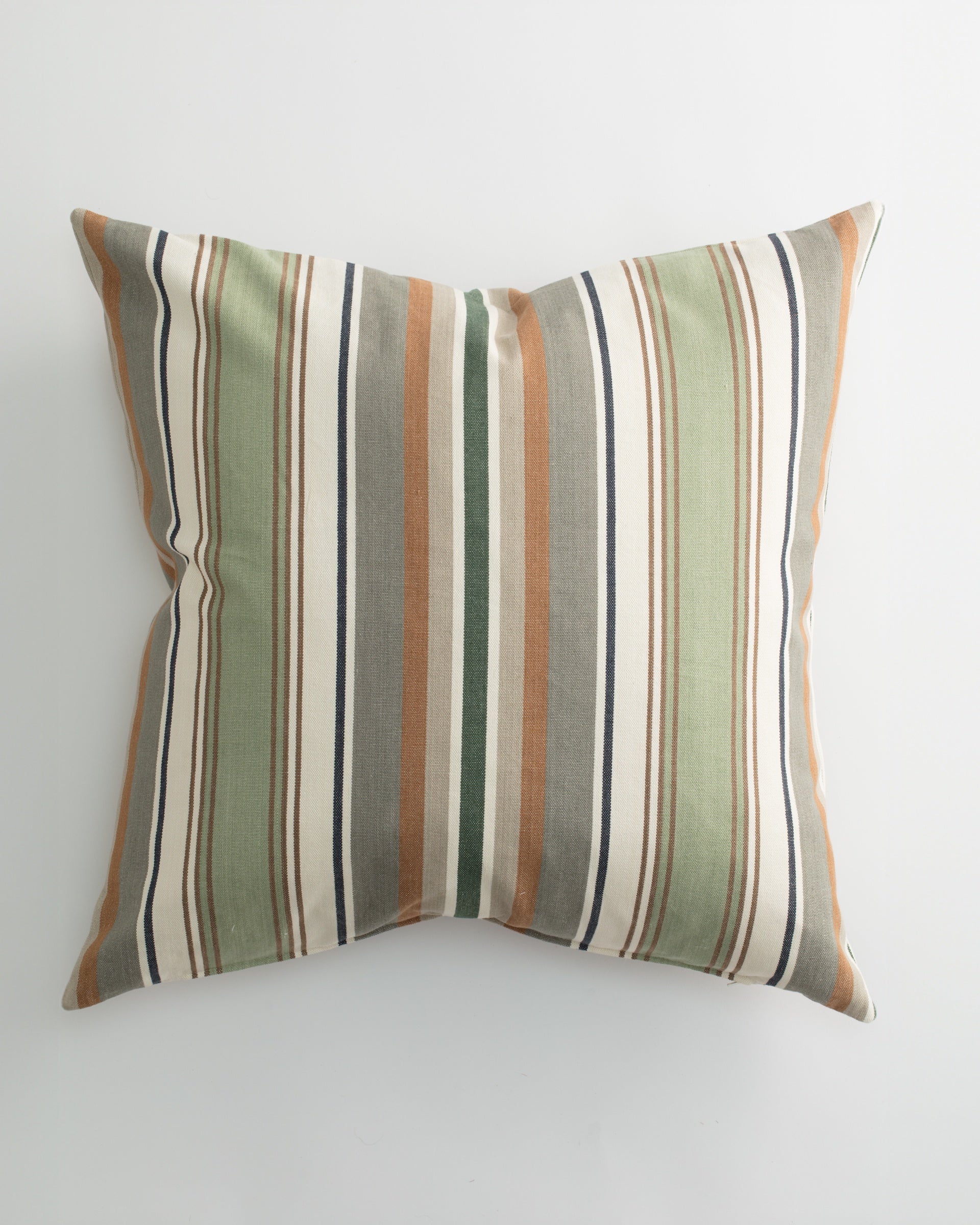 The Pindler LELAND 26x26 Pillow features vertical stripes in green, beige, brown, gray, and cream on white. Its varied stripe widths offer a modern look and ultra-luxurious comfort for relaxing style in any space.