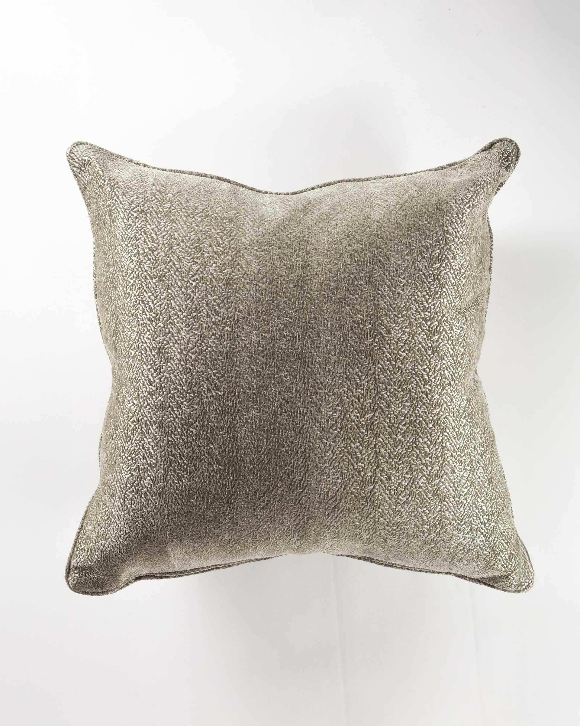The Gabby Veins Moss Gr-1 Pillow 26x26 features a square, textured grey design with a subtle herringbone pattern—ideal for luxury décor or as a chic pillow insert. Shown from above against a plain white background.