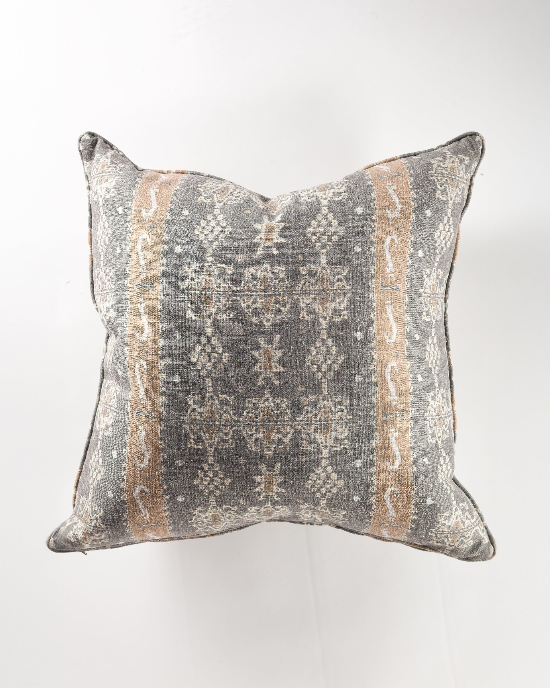The Gabby Motif Bark Gr-7 Pillow 26x26 showcases a gray background with beige and white geometric and abstract designs, including stripes and dots. Displayed on a white surface. Pillow insert not included.