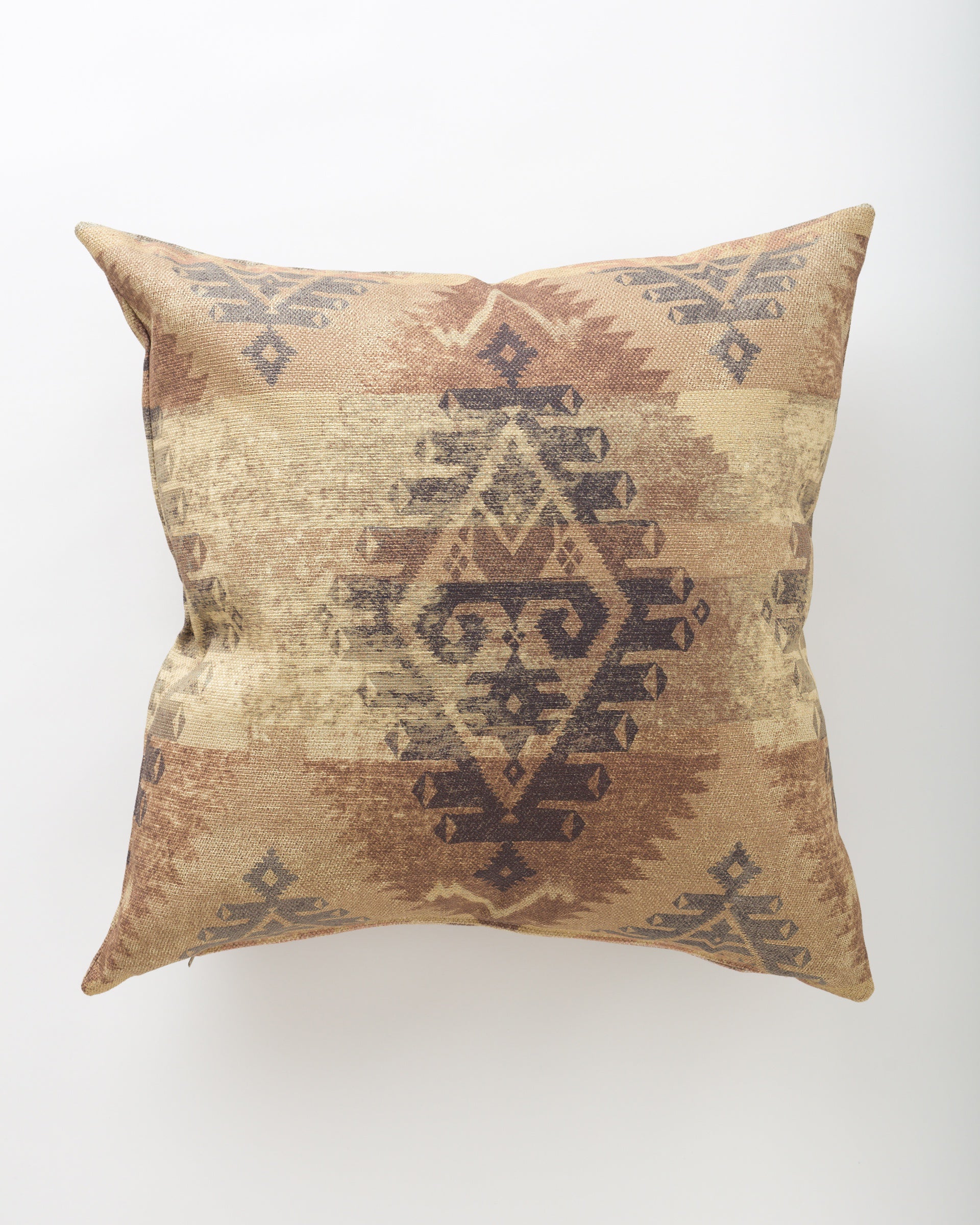 The Pindler Clivedon 26x26 throw pillow features a brown, beige, and dark blue geometric tribal pattern and comes with a plush insert for comfort. Photographed on a plain white background.