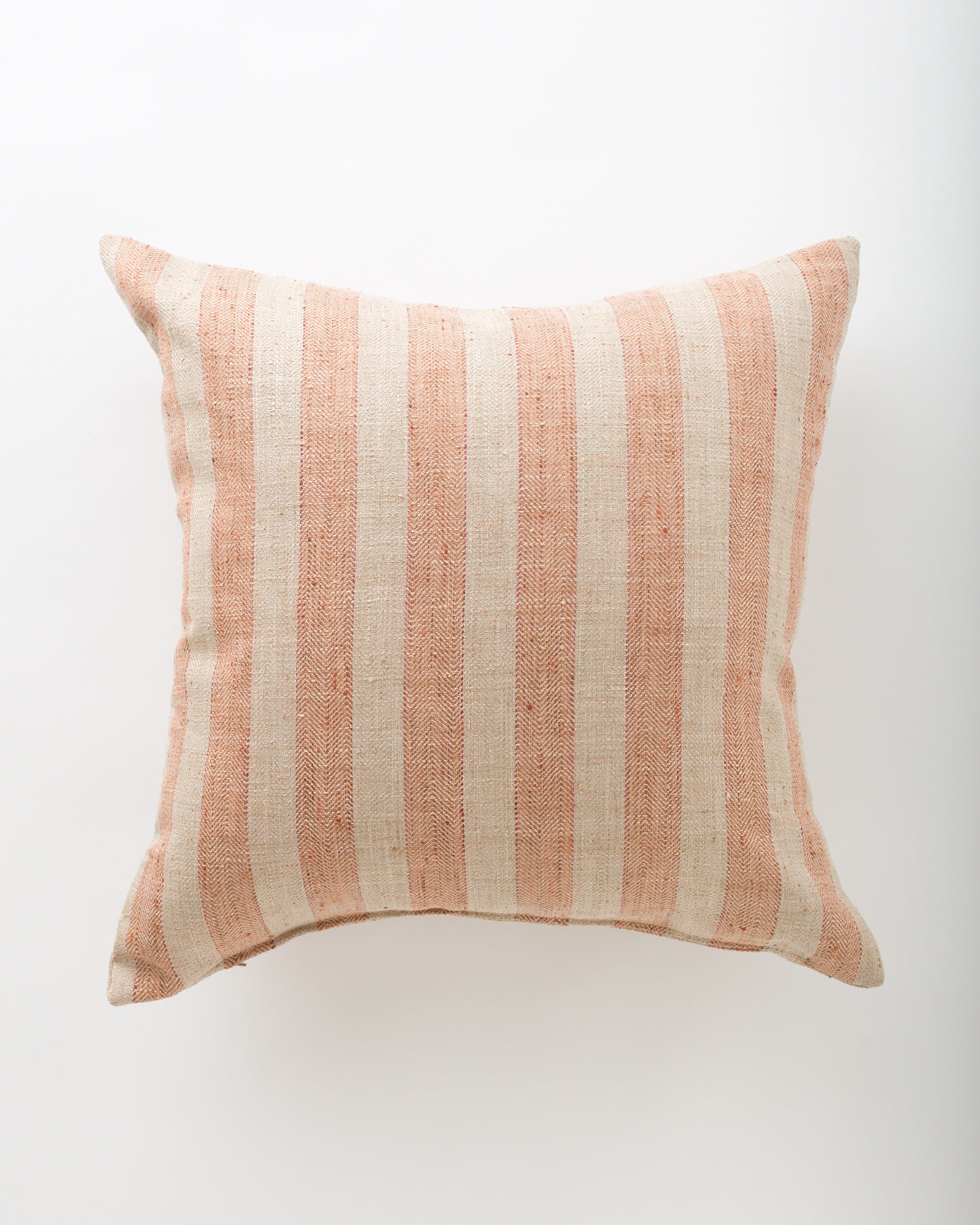 The Pindler Carroll 26x26 pillow features plush comfort and a textured fabric with vertical beige and light pink stripes, shown on a plain white background. Includes insert.