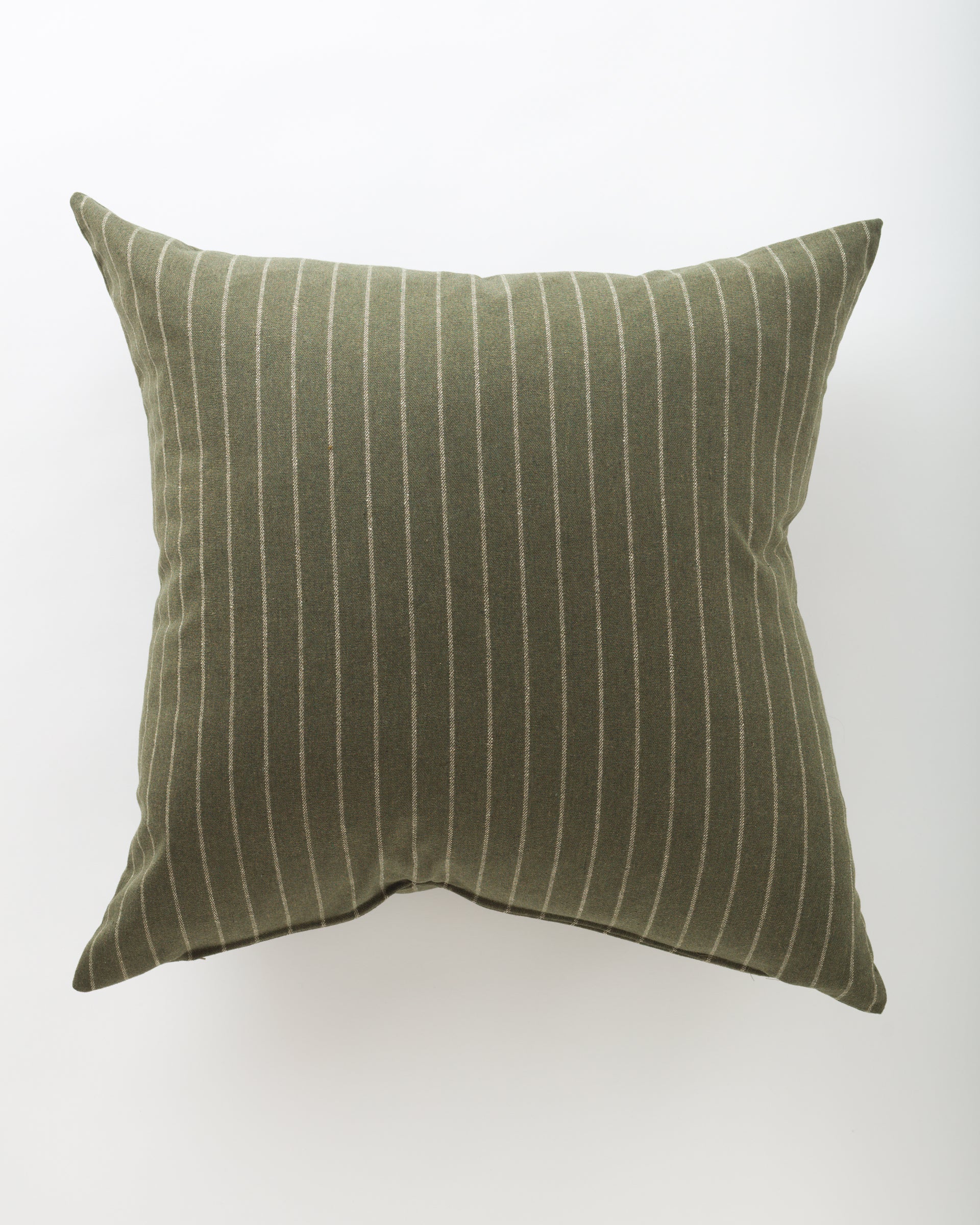 The Orla 26x26 pillow by Pindler is a luxury olive green cushion with thin, evenly spaced vertical white pinstripes, pictured on a plain white background.