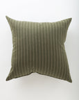The Orla 26x26 pillow by Pindler is a luxury olive green cushion with thin, evenly spaced vertical white pinstripes, pictured on a plain white background.