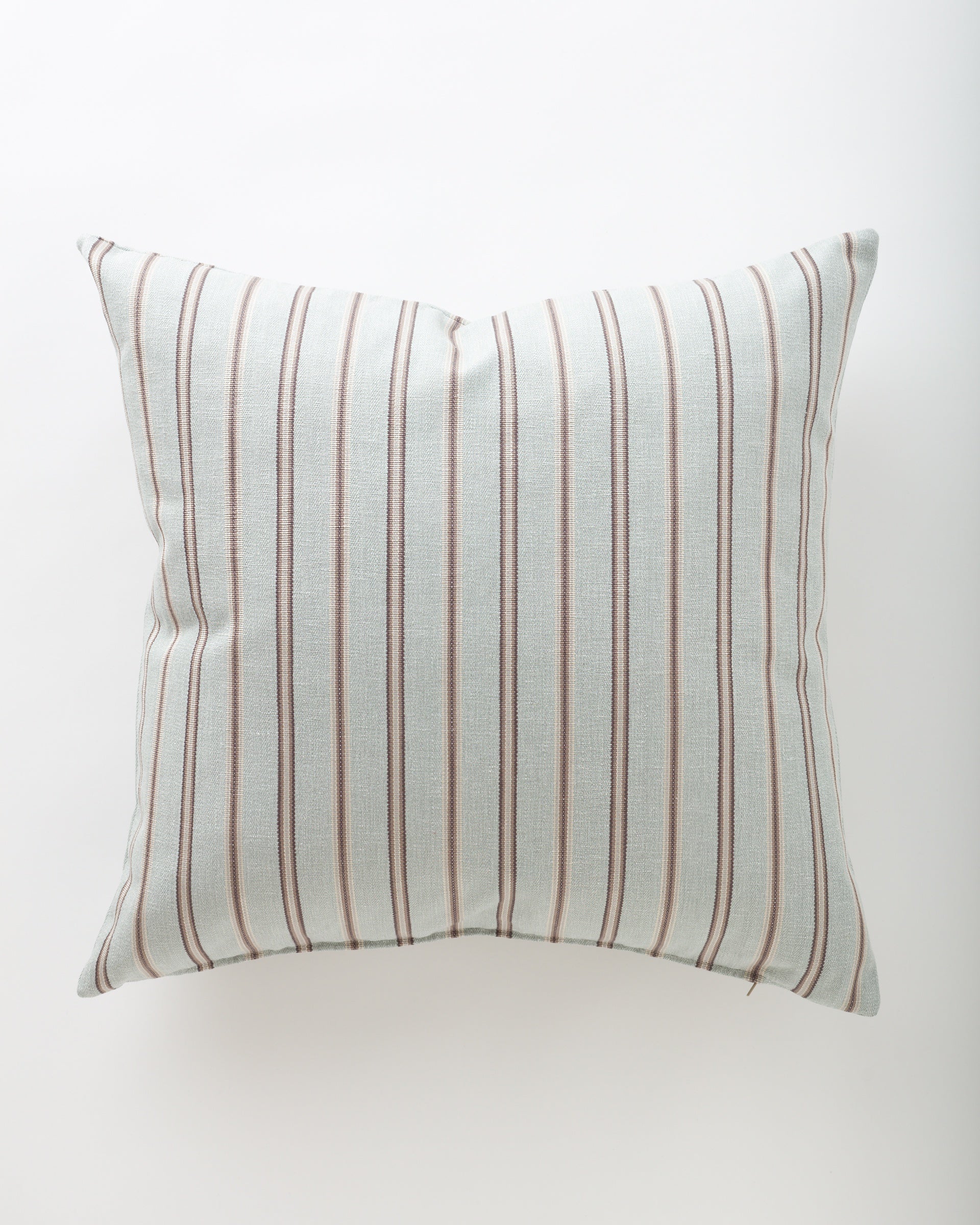 The Pindler Ainsworth 26x26 pillow features light gray fabric with vertical brown and beige stripes and includes a plush insert for comfort, shown on a plain white background.