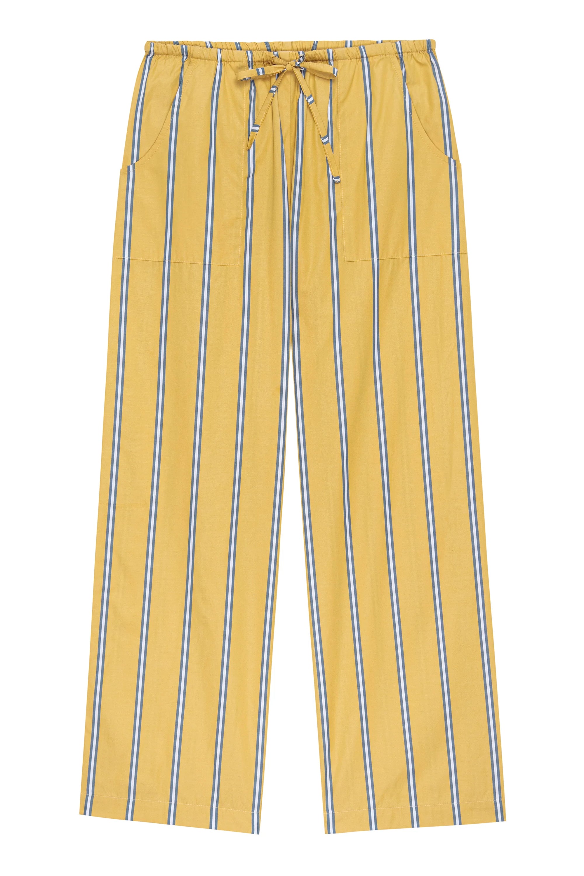 The Stripe Pop Drawstring Pant by Donni features yellow with vertical blue and white lines in cotton poplin. These stylish pants have a drawstring waist, elastic waistband, and two side pockets, offering lightweight breathability for casual outings.