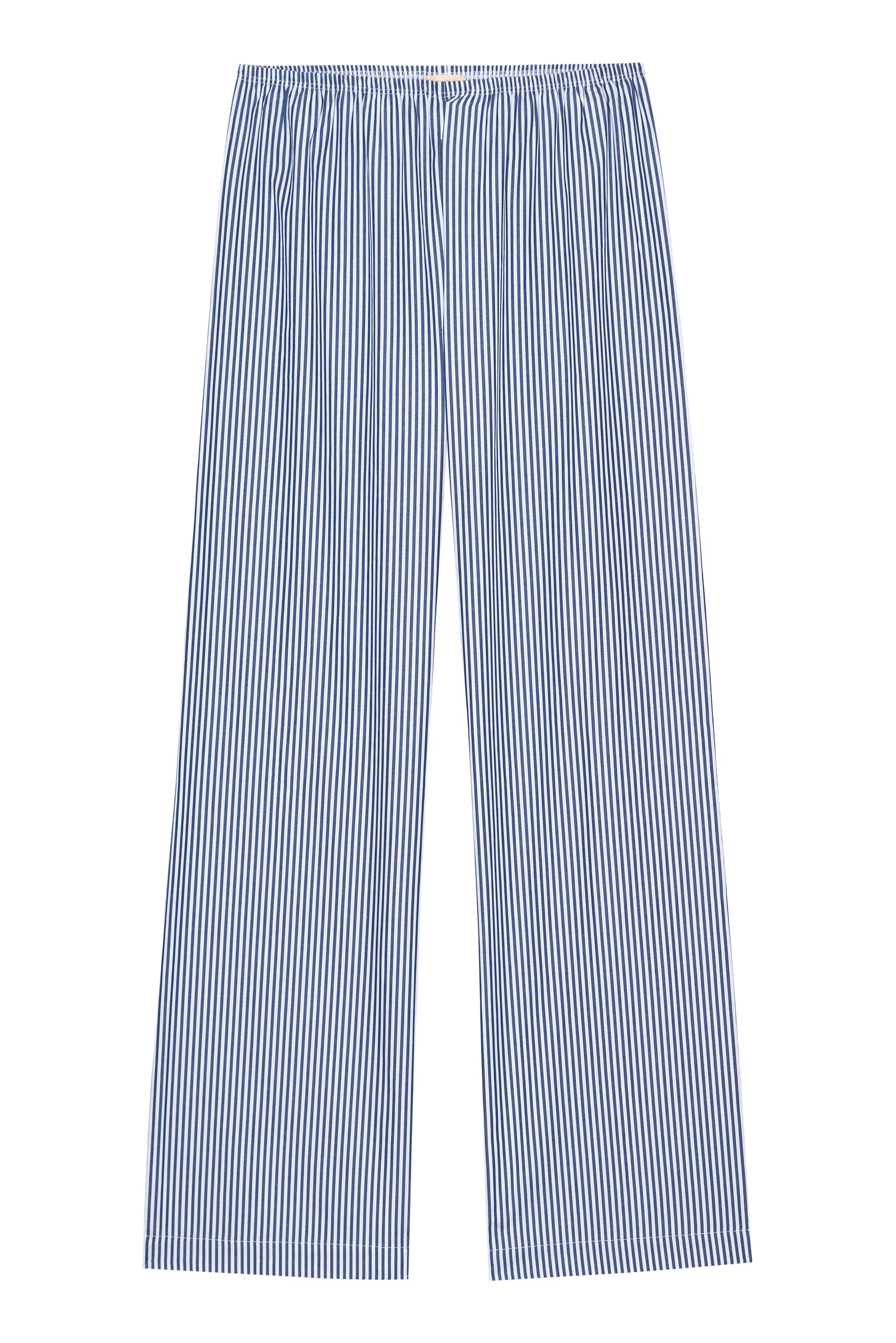 The Donni Stripe Pop Pant XS features blue and white vertical stripes, a loose wide-leg fit, and an elastic waistband, crafted from cotton poplin and shown against a white background.