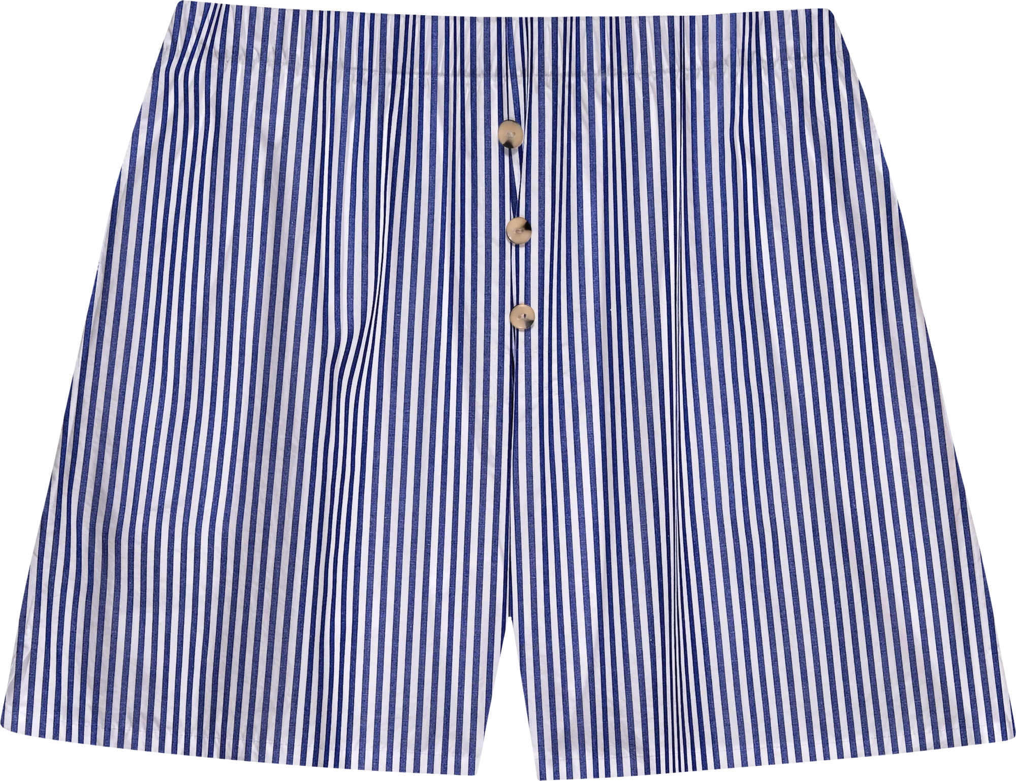 The Stripe Pop Boxer by Donni are blue and white vertically striped boxer shorts, crafted from lightweight cotton poplin with a relaxed fit and three beige buttons on the front.