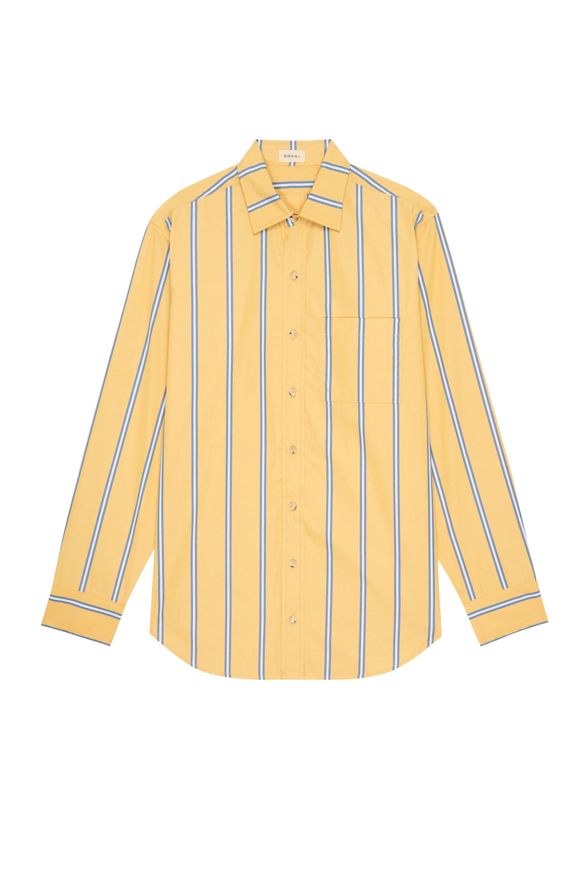 The Poplin Shirt by Donni is a yellow long-sleeve, collared shirt with blue and white vertical stripes, a relaxed fit, and crafted from soft cotton poplin. It features a stylish front pocket and is perfect for those seeking vintage men's shirting with a modern twist. Displayed on a white background.