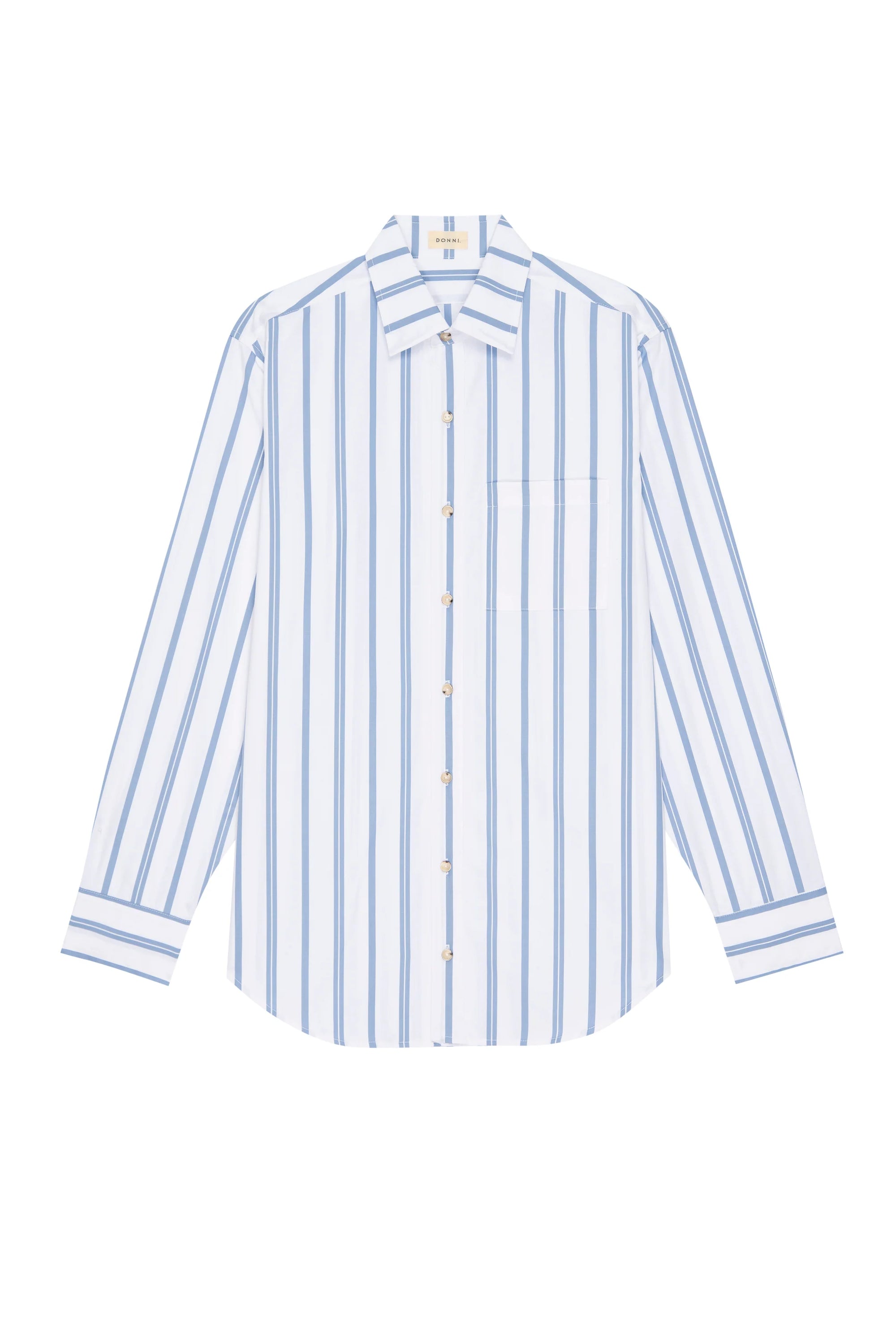 Donni's The Poplin Shirt is a long-sleeve, button-up with a relaxed fit and vintage men's shirting style. Crafted from cotton poplin, it features a classic collar and vertical blue and white stripes.