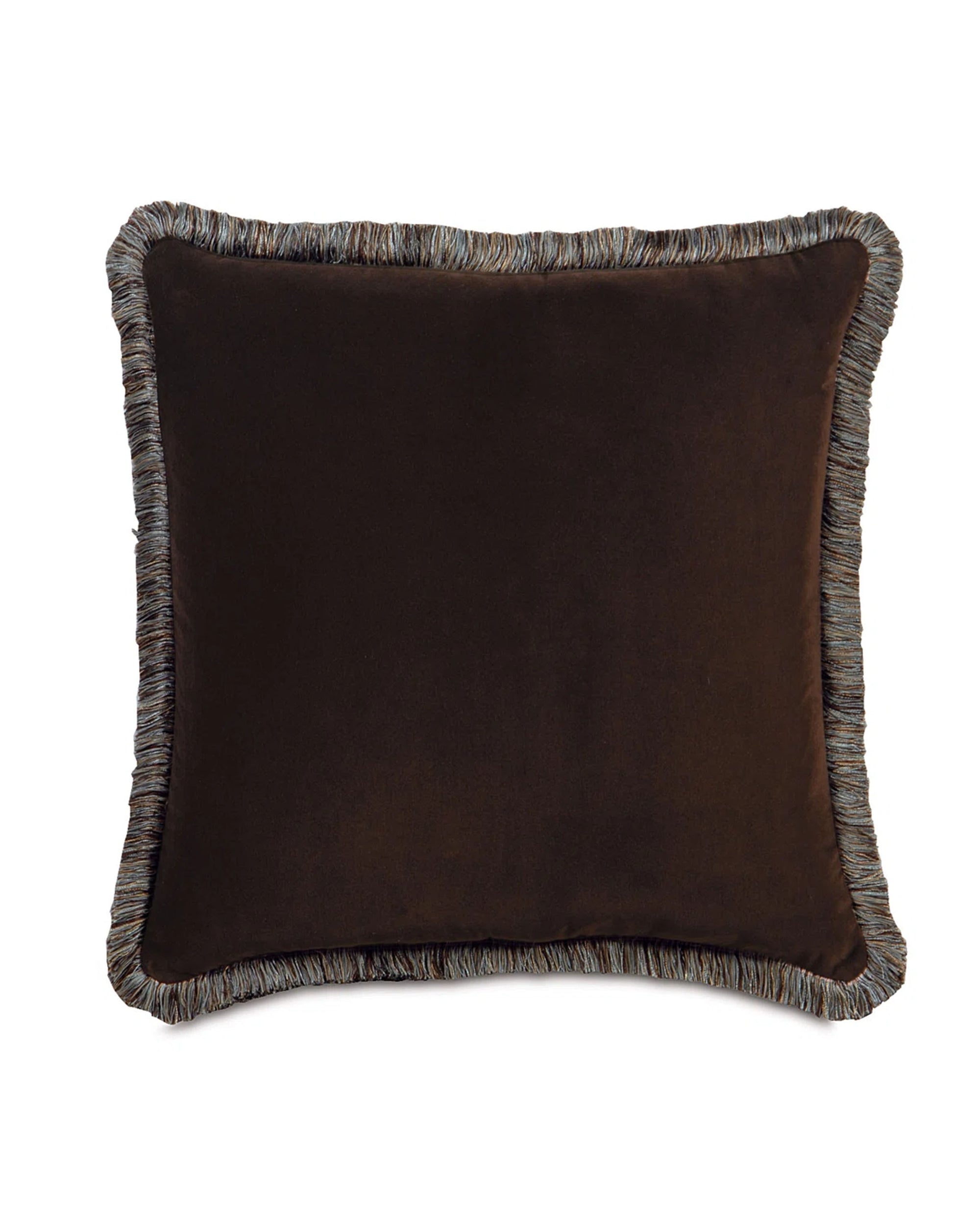 The JACKSON BROWN W/ FRINGE pillow by Eastern Accents is a rectangular dark brown velvet cushion with multicolored fringe trim and a plush insert, shown in 27x27 size against a plain white background.