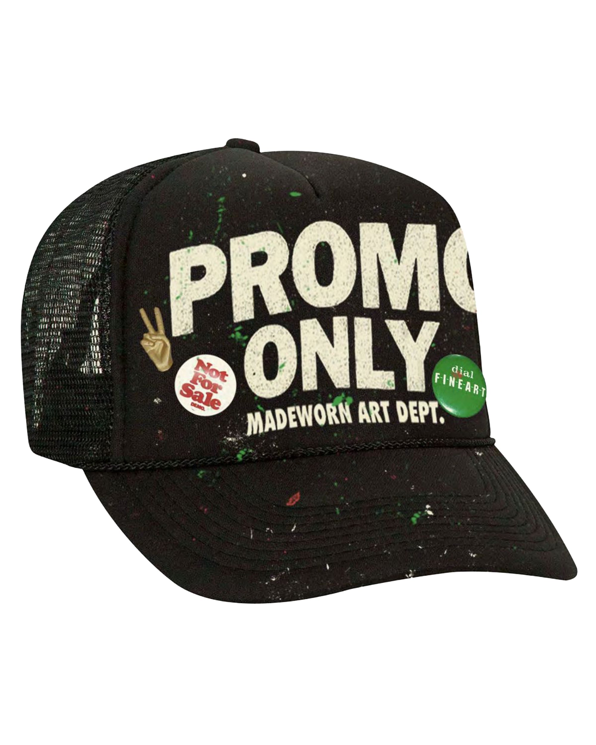 The Made Worn Promo Hat is a black mesh cap with paint splatter, bold white "PROMO ONLY" text, and “MADEWORN ART DEPT.” in smaller print. Three front pins—a peace sign, "Not For Sale," and a green oval—add extra flair.