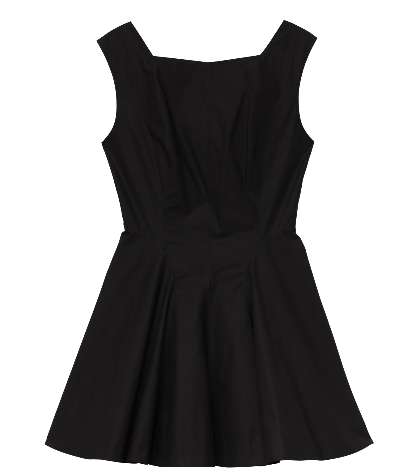 The DOEN Riviette Dress, a sleeveless black mini dress with a fitted bodice, square neckline, and flared skirt, is laid flat on a white background for an elegant look.