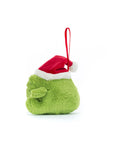The Ricky Rain Frog Decoration by Jelly Cat Inc. is a small, plush green frog ornament with a grumpy face, wearing a red and white Santa hat and a red hanging loop. It is shown against a plain white background.