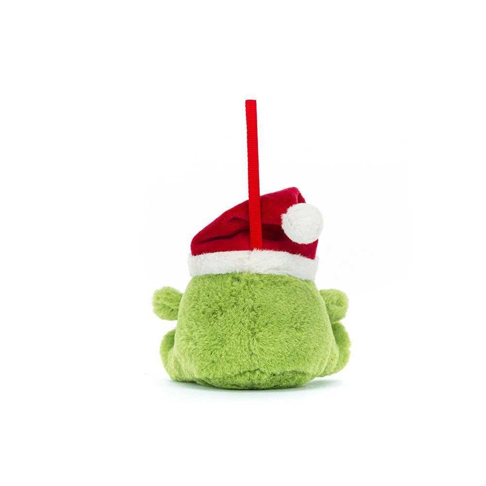 The Ricky Rain Frog Decoration by Jelly Cat Inc. is a small green plush ornament with a fuzzy texture, wearing a red and white Santa hat and red hanging loop—ideal as a Christmas tree decoration. Shown from the back on a plain white background.