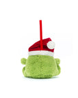The Ricky Rain Frog Decoration by Jelly Cat Inc. is a small green plush ornament with a fuzzy texture, wearing a red and white Santa hat and red hanging loop—ideal as a Christmas tree decoration. Shown from the back on a plain white background.