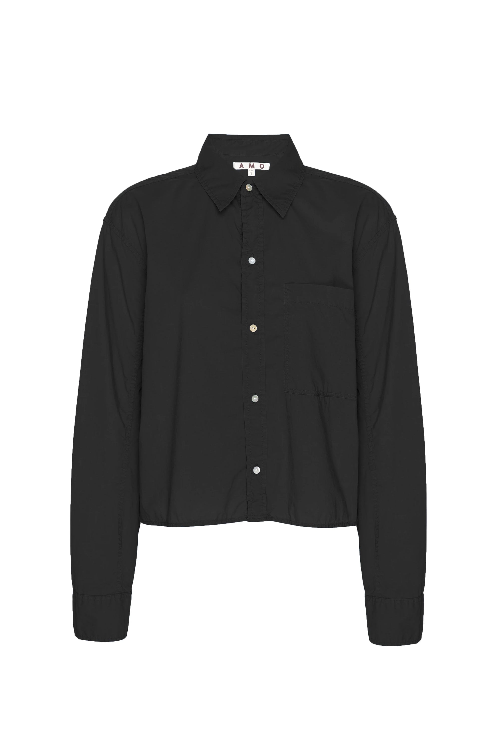 The Ruth Crop Shirt by AMO Denim is a black, oversized cotton poplin shirt with long sleeves, a button-up front, collar, and single chest pocket, shown on a plain white background.