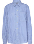 The Ruth Oversized Shirt by AMO Denim is a blue and white vertically striped button-up shirt made from cotton poplin. It features long sleeves and includes a chest pocket.