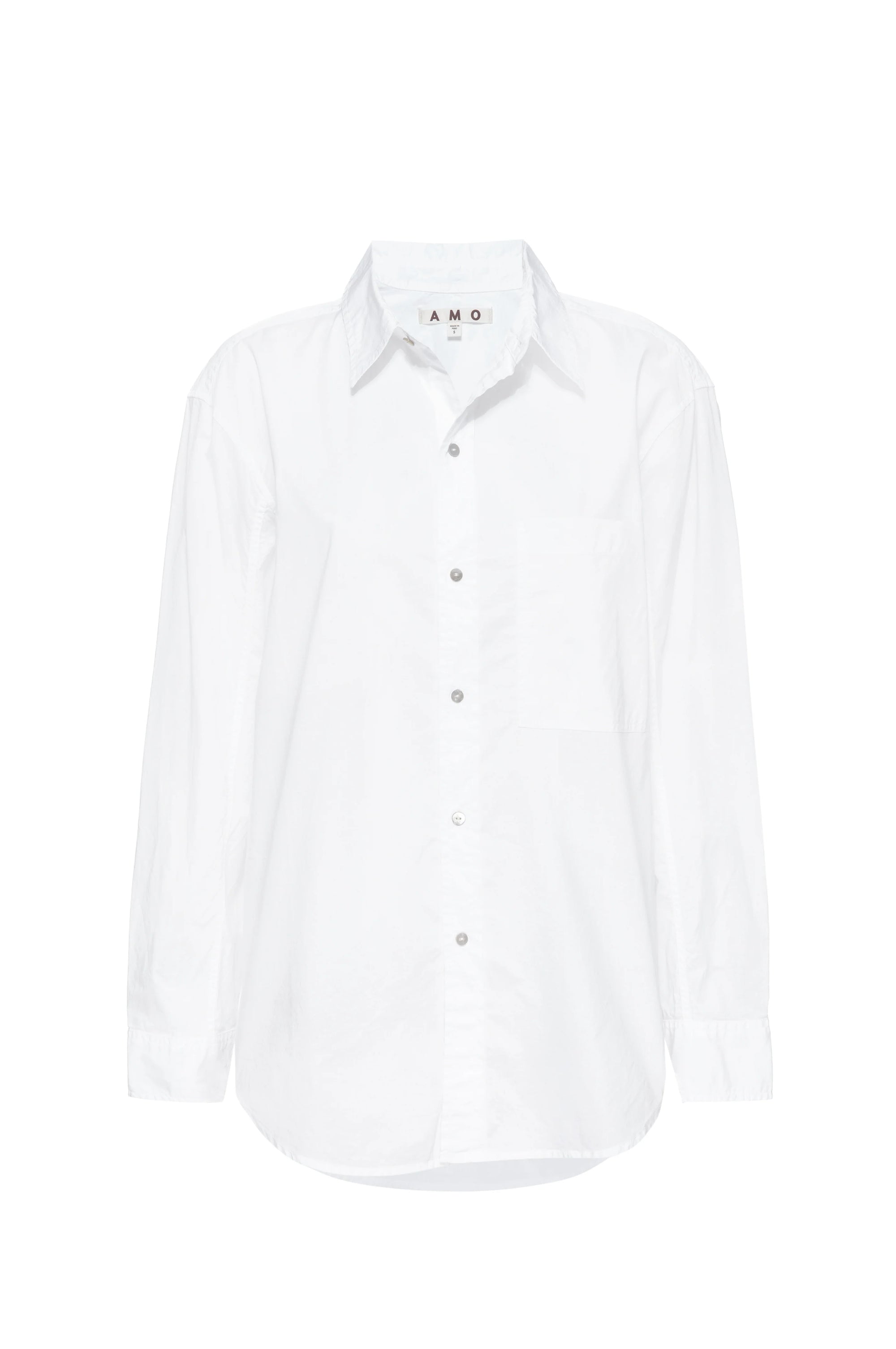 The Ruth Oversized Shirt by AMO Denim is a classic white cotton poplin shirt featuring long sleeves, a collar, and front pocket, shown against a plain white background.