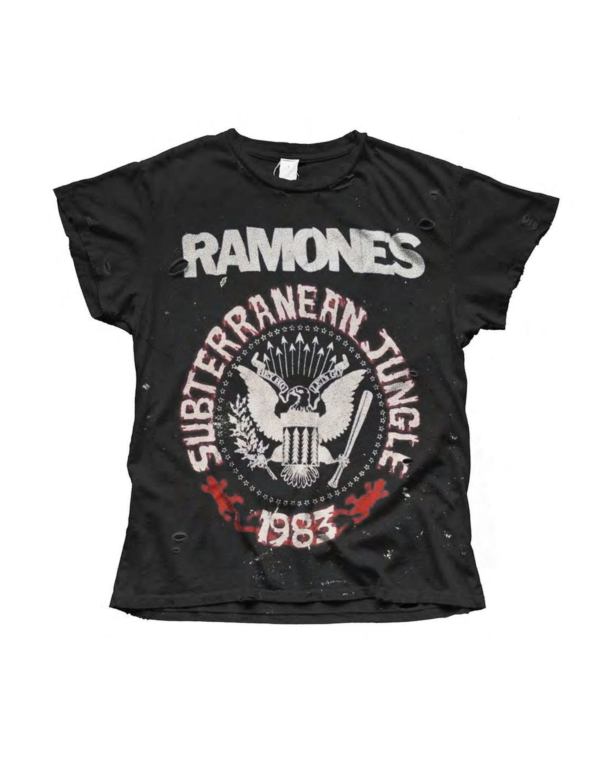 The Made Worn Ramones Tee is a vintage-style black distressed shirt featuring the iconic eagle, star designs, and "SUBTERRANEAN JUNGLE 1983" in bold red and white.
