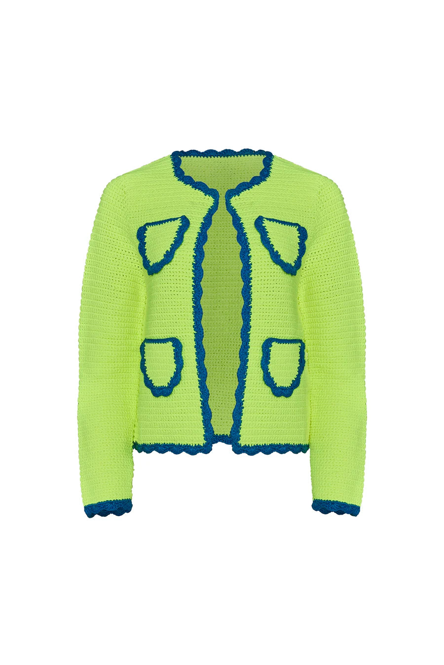 The Hunter Bell NYC Russell Cardigan is a bright green cotton crochet piece featuring a round neckline and long sleeves, accented with neon yellow and blue scalloped trim on the edges and pockets for extra color.