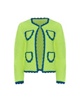 The Hunter Bell NYC Russell Cardigan is a bright green cotton crochet piece featuring a round neckline and long sleeves, accented with neon yellow and blue scalloped trim on the edges and pockets for extra color.