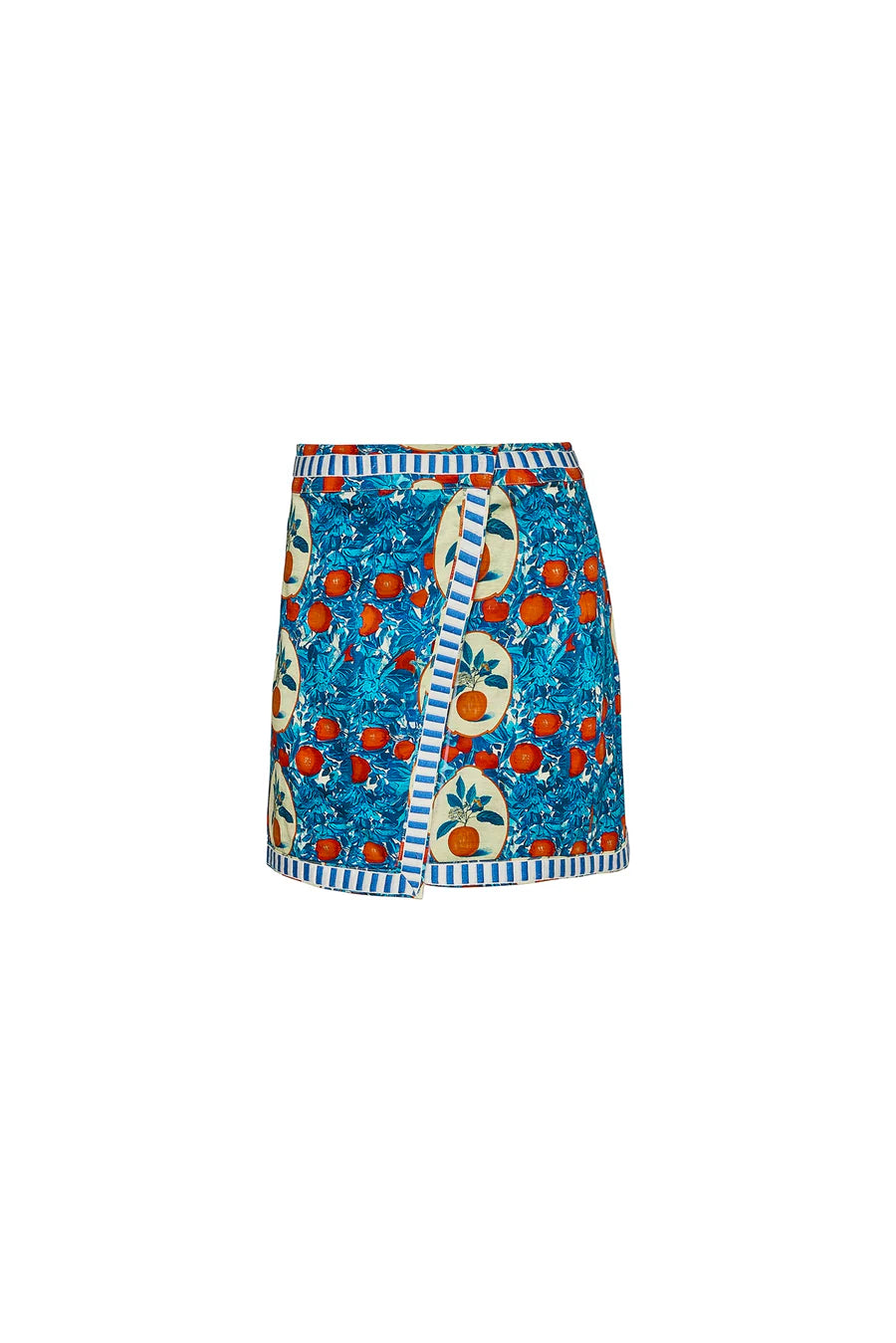 The Powell Skirt by Hunter Bell NYC is a vibrant wrap crafted in stretch sateen, showcasing an Orange Grove print with a bright blue background and circular fruit and leaf patterns. It features chic blue-and-white stripe details on the hem and waist.