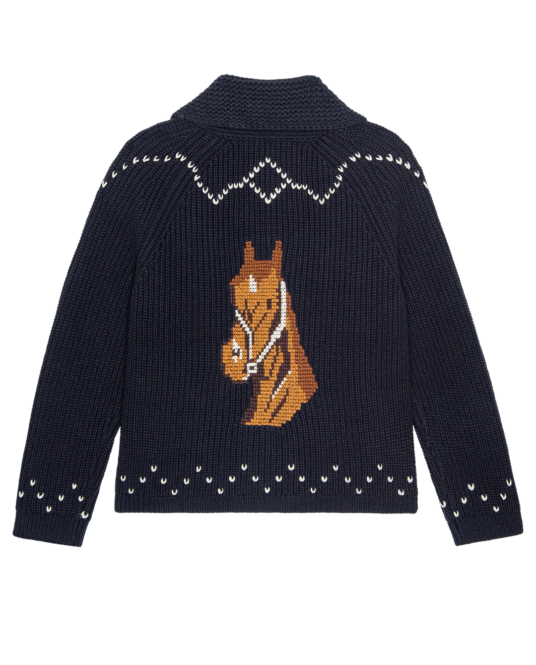 The Great Inc.’s Horse Lodge Cardigan is a navy blue knit sweater featuring white accents, a large brown horse head design on the back, and a wide collar for western-inspired charm.