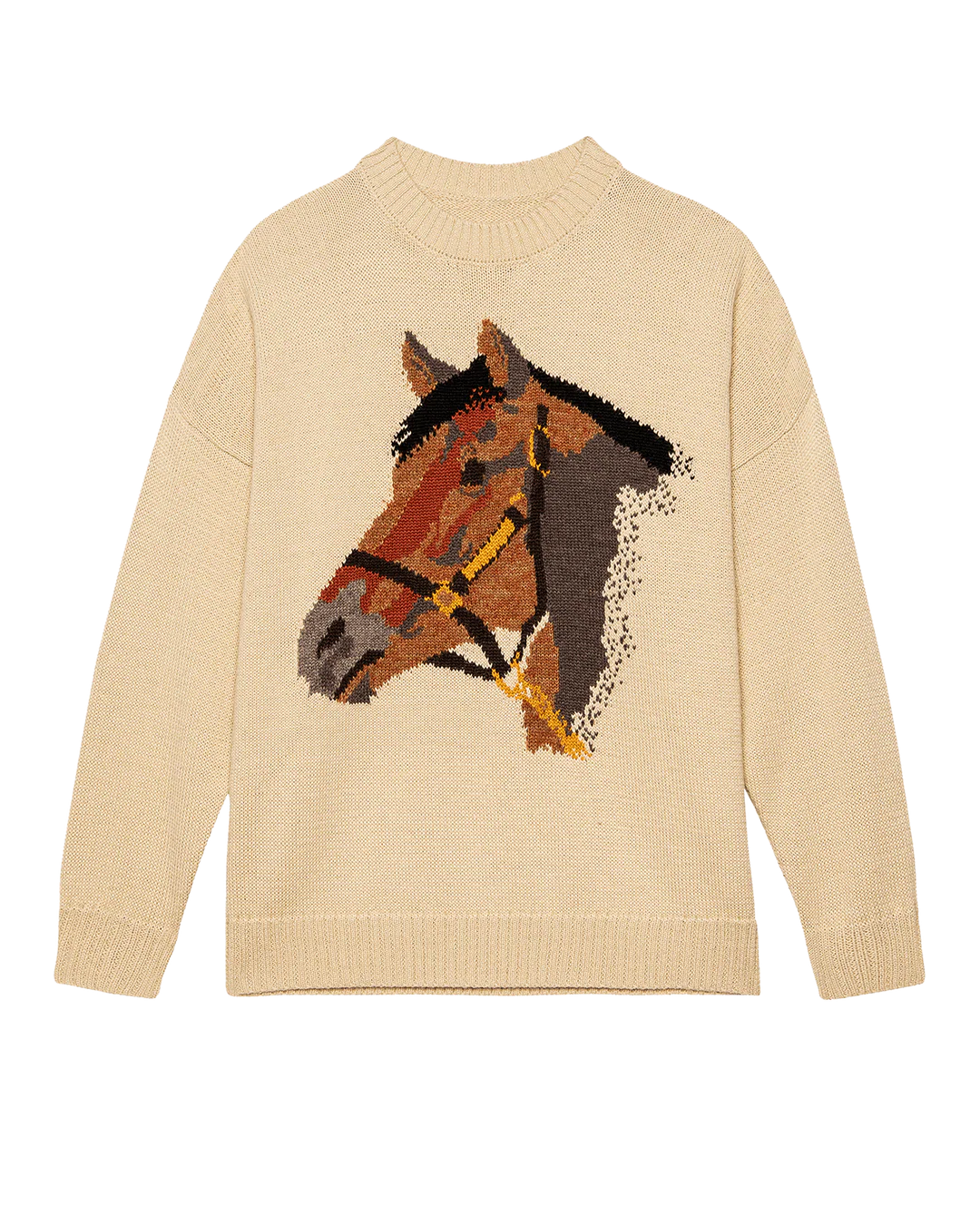 The Great Inc. Stable Pullover features a bold horse-head intarsia, adding playful charm and cozy warmth to your wardrobe.