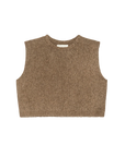 The Brushed Melange Sweater by The Great Inc. is a sleeveless, brown knitted crop top with a crew neckline, shown against a plain white background.