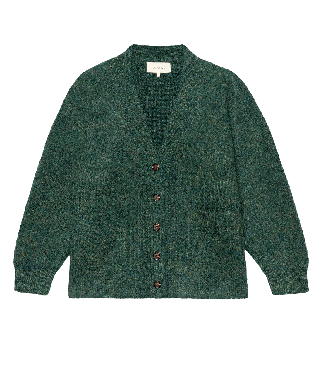 The Great Inc. Brushed Melange Cardigan in deep green features a textured finish, long sleeves, front pockets, and five dark center buttons, shown laid flat on a white background.