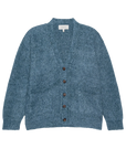 The Brushed Melange Cardigan by The Great Inc. is a blue wool blend with a V-neck, long sleeves, front pockets, and five brown center buttons, shown laid flat on a white background.