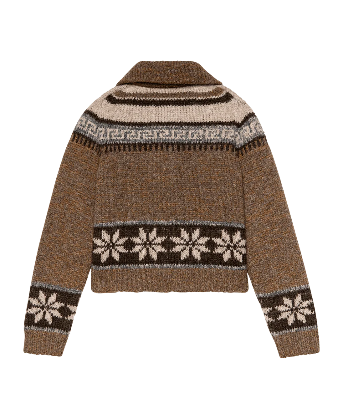 The Great Inc. Nordic Scholar Cardigan is a brown knitwear sweater featuring beige, cream, and black geometric and snowflake patterns across the upper back, sleeves, and hem, shown from the back on a white background.