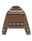 The Great Inc. Nordic Scholar Cardigan is a brown knitwear sweater featuring beige, cream, and black geometric and snowflake patterns across the upper back, sleeves, and hem, shown from the back on a white background.