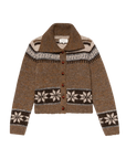 The Nordic Scholar Cardigan by The Great Inc. is a brown wool piece featuring a wide collar, button-down front, and white and dark brown Nordic snowflake motifs—a cozy tribute to classic knitwear.