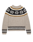 The Great Inc.'s Snowflake Fairisle Pullover is a beige Nordic knit sweater with black, white, and mustard yellow snowflake and geometric patterns—a cozy winter essential for knitwear lovers.