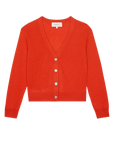 The Great Inc. Cashmere Tiny V-Neck Cardigan in bright red features a cropped fit, long sleeves, four front buttons, and ribbed cuffs and hem, shown laid flat on a white background.