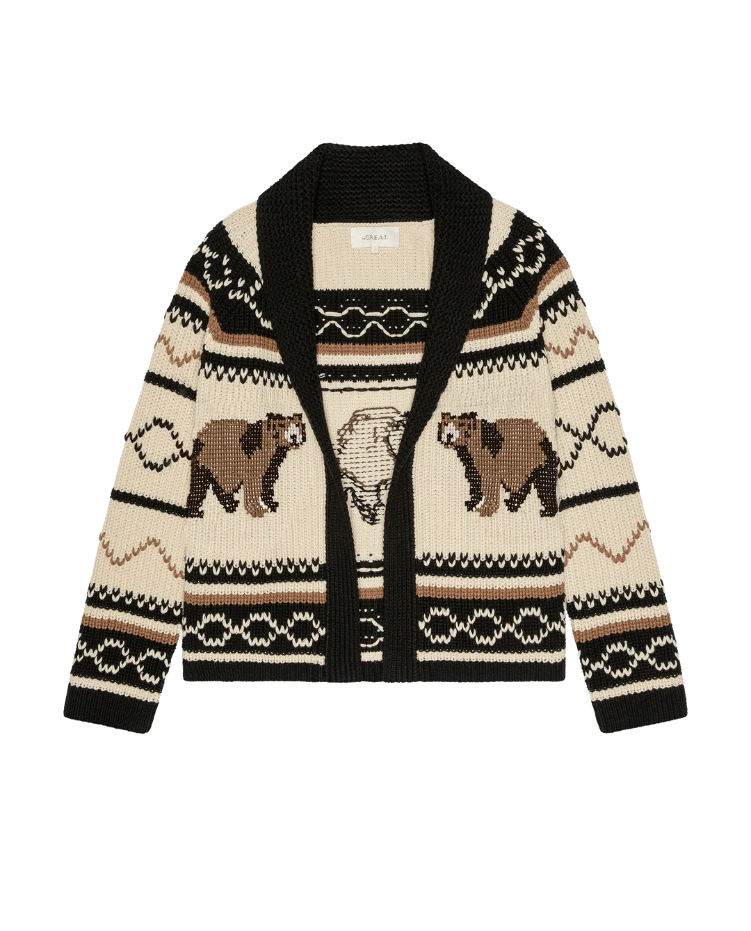 Cream and black chunky knit cardigan with bear and geometric patterns by The Great Inc., Bear Lodge Cardigan.