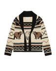 Cream and black chunky knit cardigan with bear and geometric patterns by The Great Inc., Bear Lodge Cardigan.