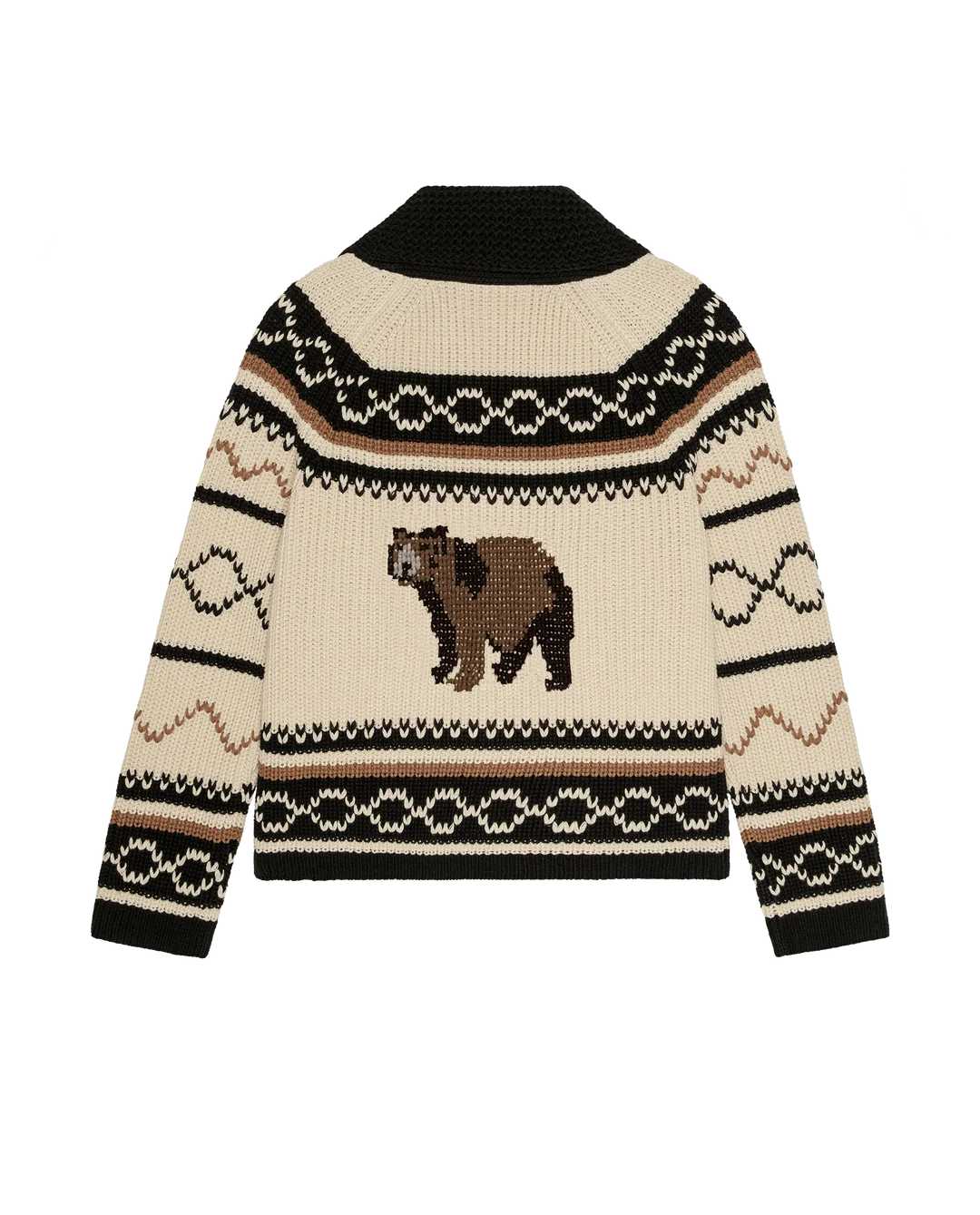 Beige cardigan with black trim and brown-black pattern, soft cotton blend, The Great Inc. Bear Lodge at Bungalow Furniture.