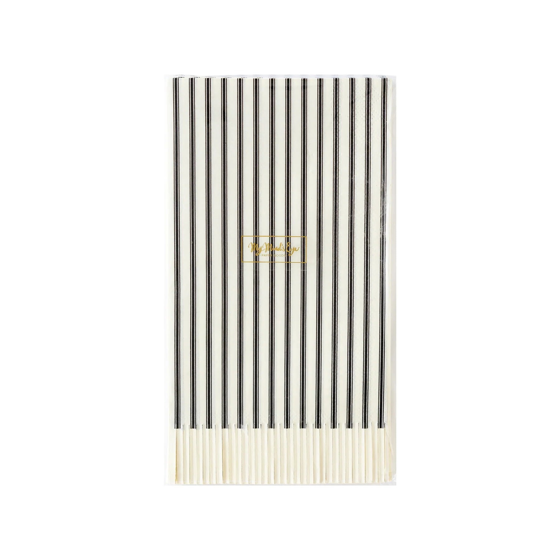 A rectangular sheet of tissue paper with vertical black and white stripes. The center of the sheet features a small, gold emblem with the word &quot;Papyrus&quot; written in cursive. Perfectly sized as practical Guest/Dinner Napkins by My Mind&#39;s Eye, they add an elegant touch to gatherings.