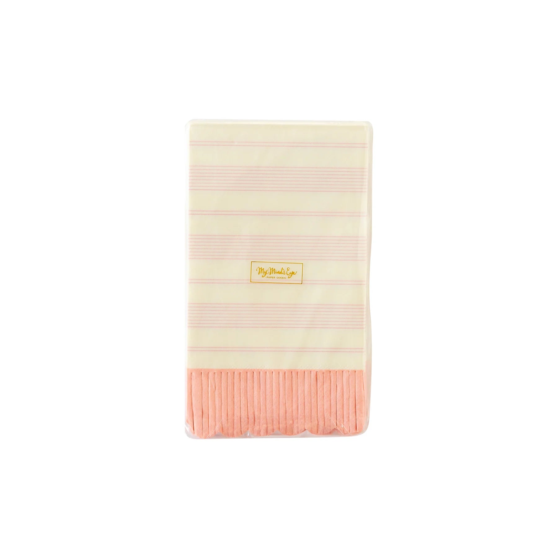 A folded cream-colored blanket with pink horizontal stripes is bordered with a pink ruffle at the bottom. A small yellow tag on the front reads "My Little Guy." Perfectly complement it with a pack of 24 My Mind's Eye Guest/Dinner Napkins for a charming and cohesive look.