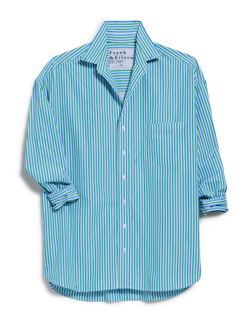 The BARRY Button Up Shirt by Frank &amp; Eileen features blue, green, and white vertical stripes, a chest pocket, and partially rolled-up long sleeves.