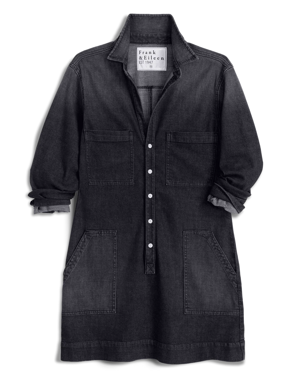 Black denim utility dress with long sleeves, button front, and large pockets by Frank &amp; Eileen Ireland.