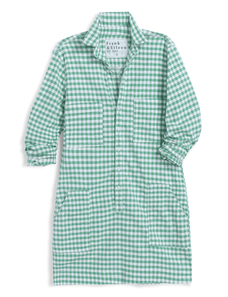 The Frank & Eileen Southern Dress in green and white gingham features long sleeves, front buttons, two large chest pockets, and two lower pockets. Made from Italian Performance Linen and shown flat on a white background.