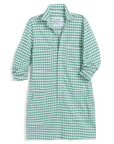 The Frank & Eileen Southern Dress in green and white gingham features long sleeves, front buttons, two large chest pockets, and two lower pockets. Made from Italian Performance Linen and shown flat on a white background.